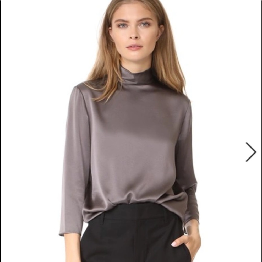 Vince Mock Neck Silk Satin Blouse In Oil Sz M